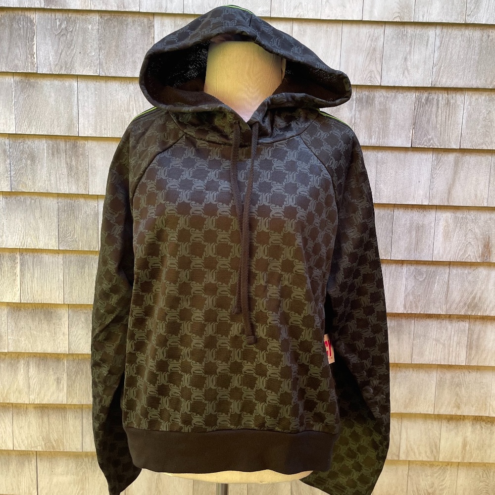 NWT Juicy Couture Womens Woven Logo Pullover Hoodie Zippered Sleeve Sz L 90s Y2K